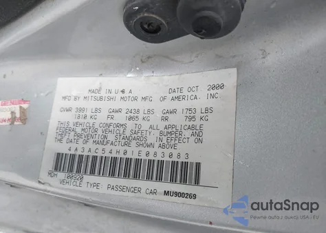 2001 Mitsubishi Eclipse Gt z USA, uszkodzony, nr VIN 4A3AC54H01E083083